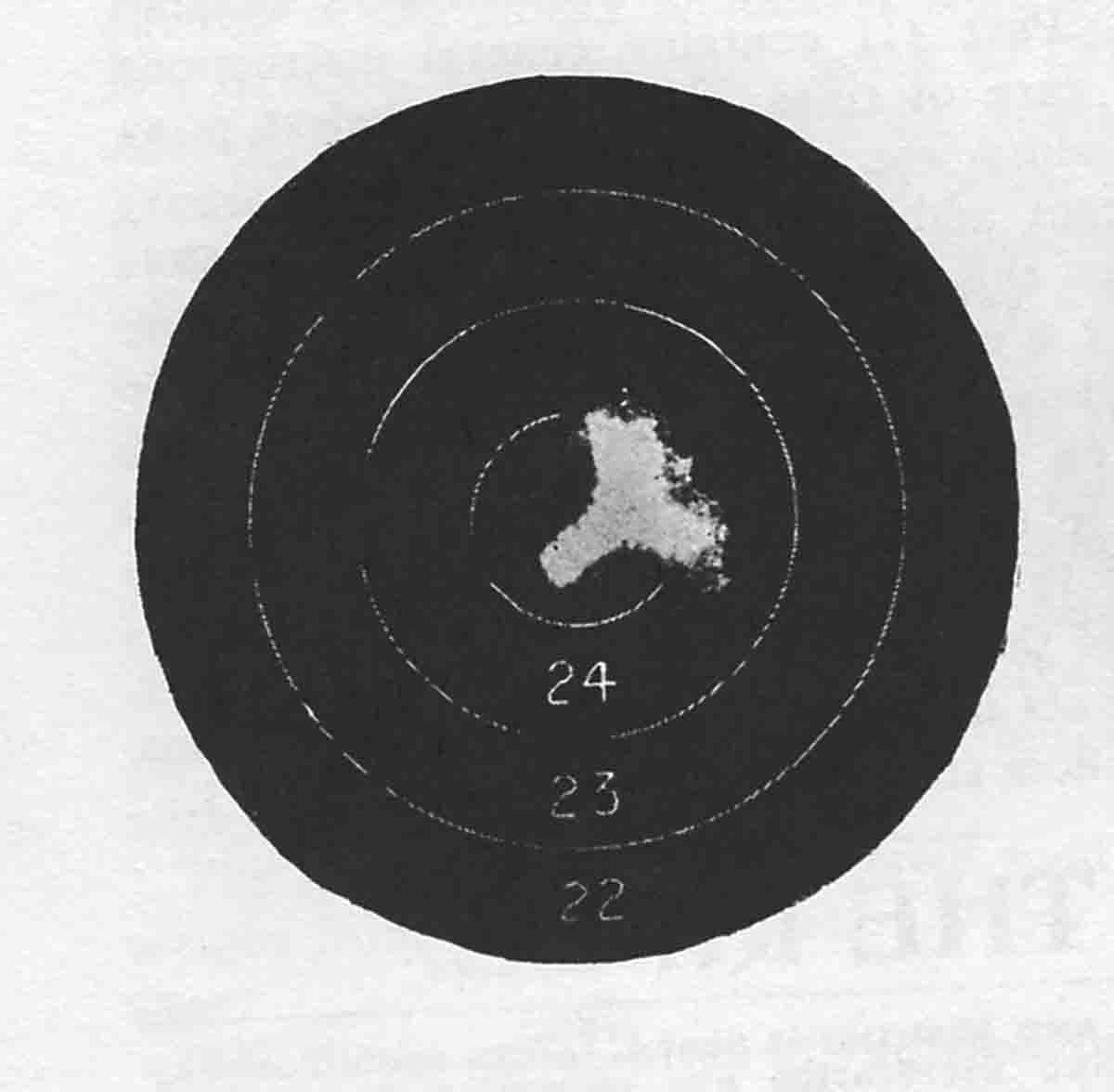 Perfect 250 score shot by A. Hubalek in the 1906 Zettler Rifle Club Open Gallery Tournament. Five shots at 75 feet, offhand, Zettler Gallery ¼-inch ring target. Target reproduced full size.
